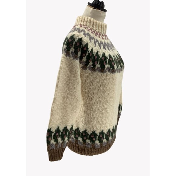 Hand Knit Fair Isle Sweater Wendy Stewart Pure Wool Beige Green Brown Sz S - Picture 2 of 6